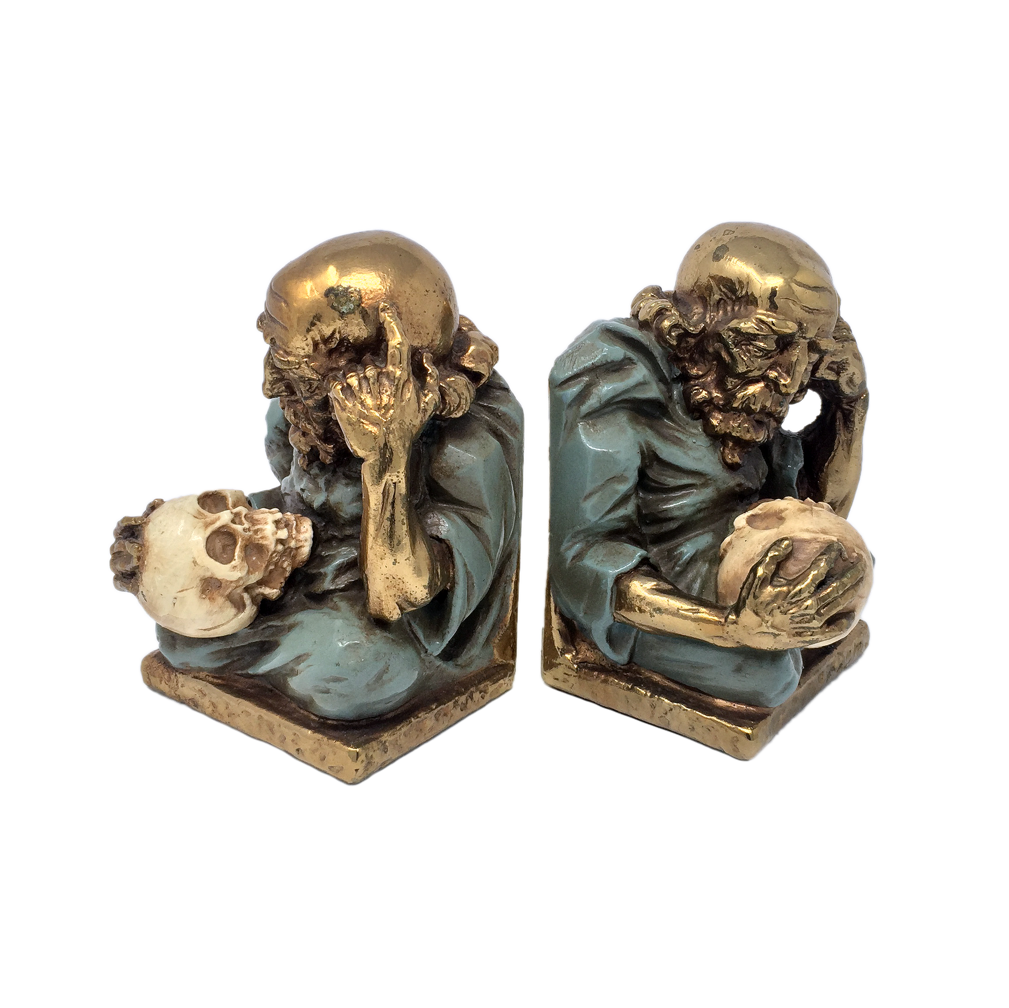 Antique bronze-clad alchemist with skull bookends by Marion Bronze circa 1922
