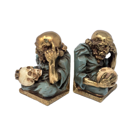 Antique bronze-clad alchemist with skull bookends by Marion Bronze circa 1922