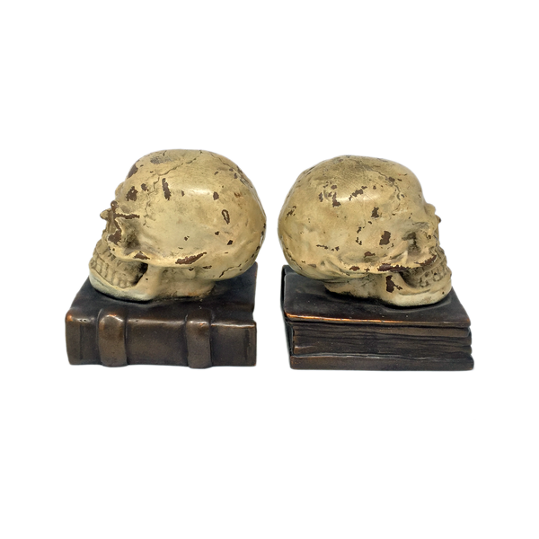 Antique bronze-clad skull and grimoire bookends by Armor Bronze circa 1922