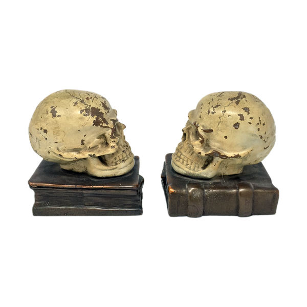 Antique bronze-clad skull and grimoire bookends by Armor Bronze circa 1922