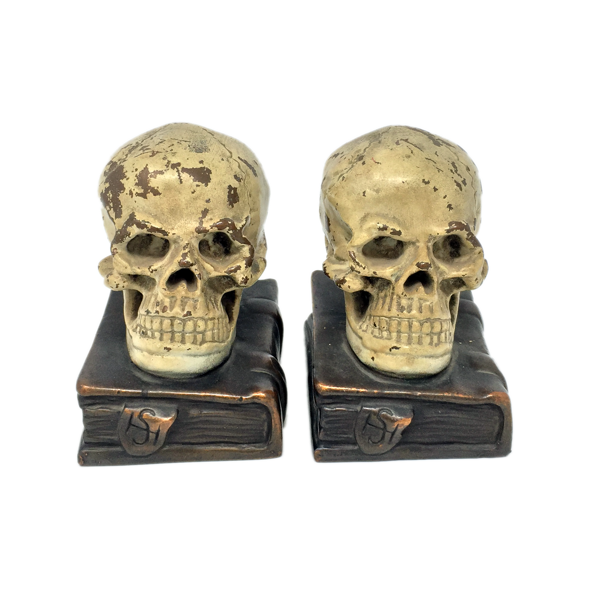 Antique bronze-clad skull and grimoire bookends by Armor Bronze circa 1922