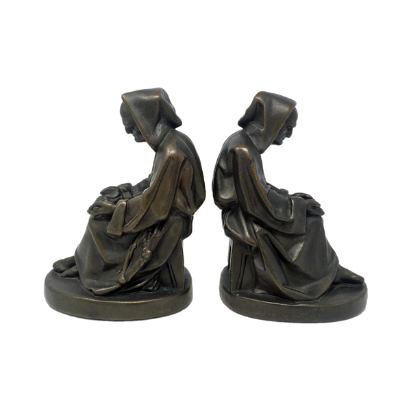 Antique bronze-clad mournful monk bookends by Armor Bronze circa 1922