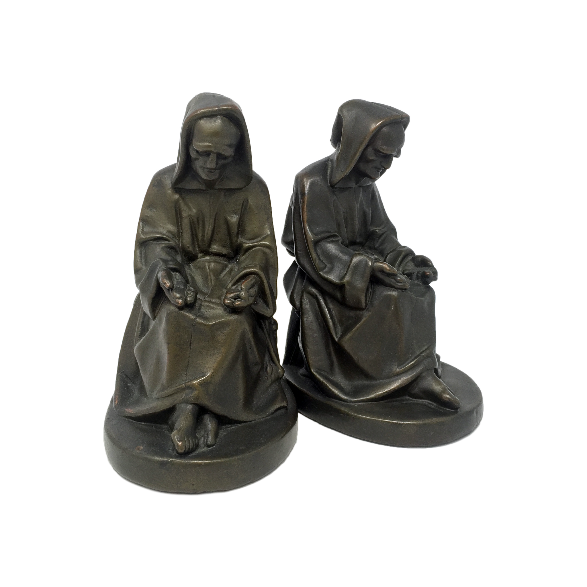 Antique bronze-clad mournful monk bookends by Armor Bronze circa 1922