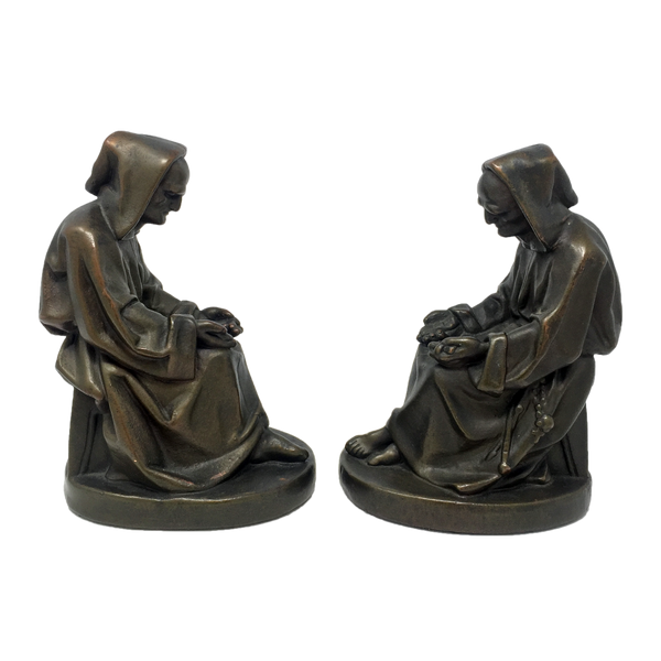 Antique bronze-clad mournful monk bookends by Armor Bronze circa 1922