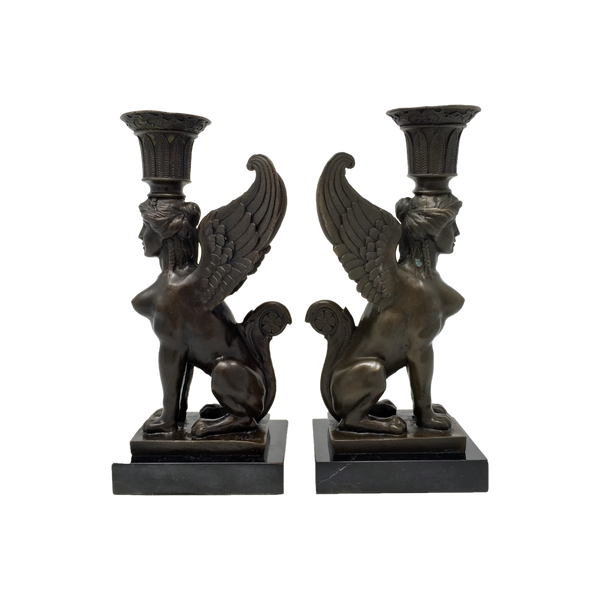 Bronze Sphinx Candlesticks, signed Milo