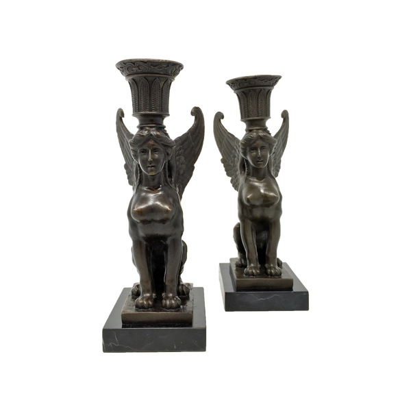 Bronze Sphinx Candlesticks, signed Milo