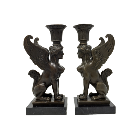 Bronze Sphinx Candlesticks, signed Milo