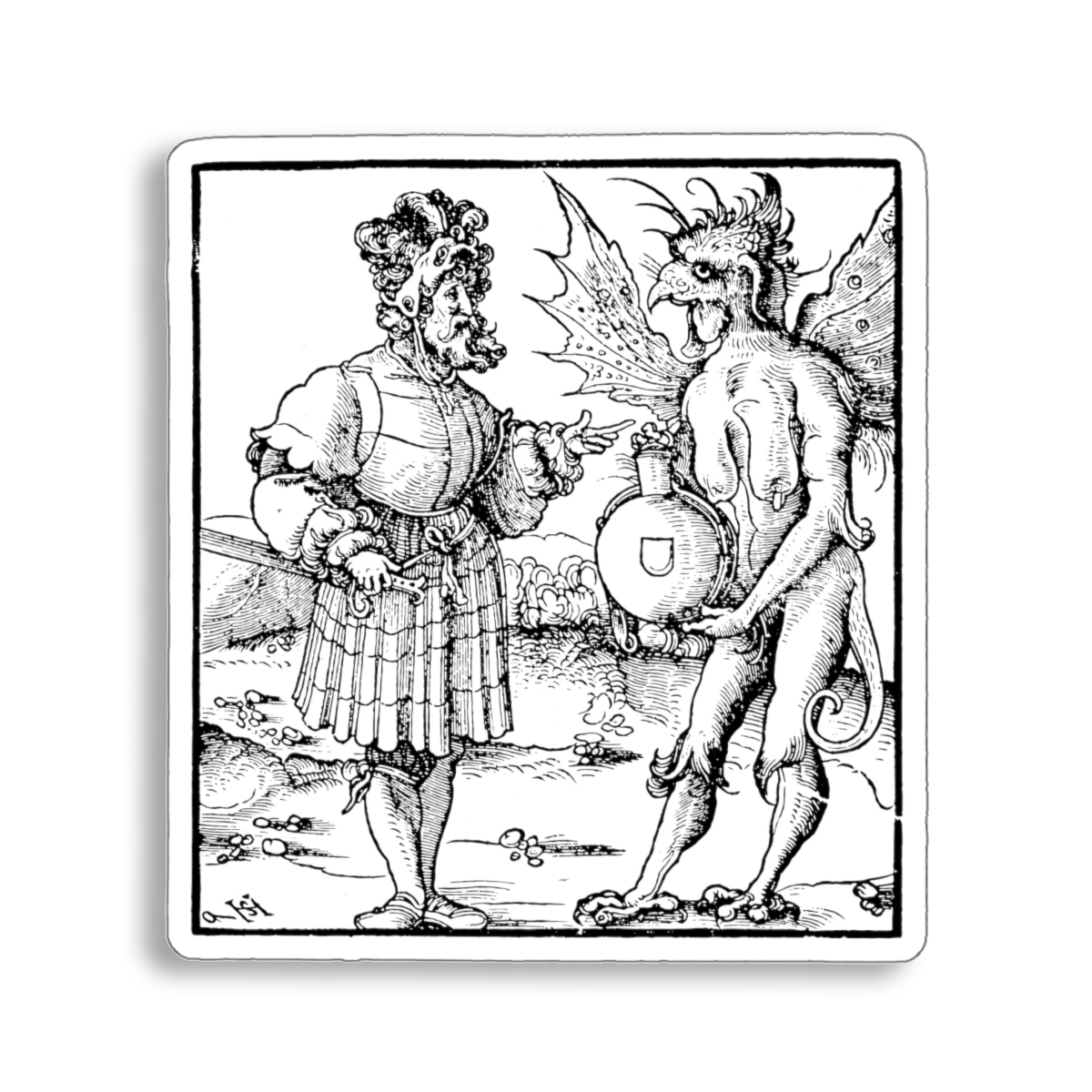 "The Devil Offering Poison to a Knight" sticker from 1517 Renaissance woodcut