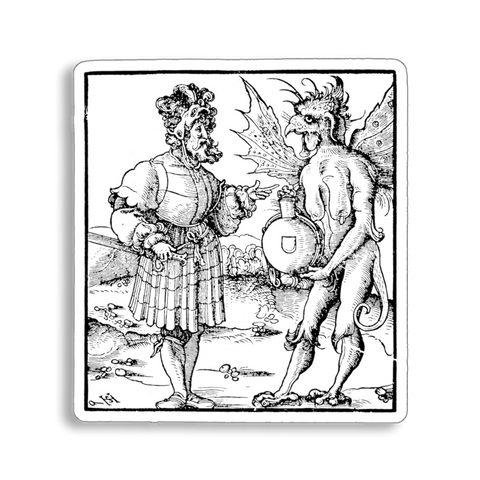 "The Devil Offering Poison to a Knight" sticker from 1517 Renaissance woodcut